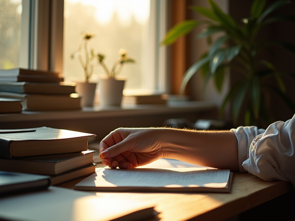 The image captures a serene moment of study, with a person's hand resting on an open book bathed in warm, golden sunlight streaming through a nearby window. Stacks of books and a few potted plants adorn the wooden desk, creating an atmosphere of quiet introspection and natural beauty.