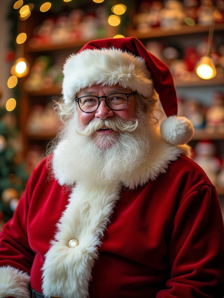 Christmas scene showcases Santa Claus in a toy shop. Background features lively decorations and twinkling lights.