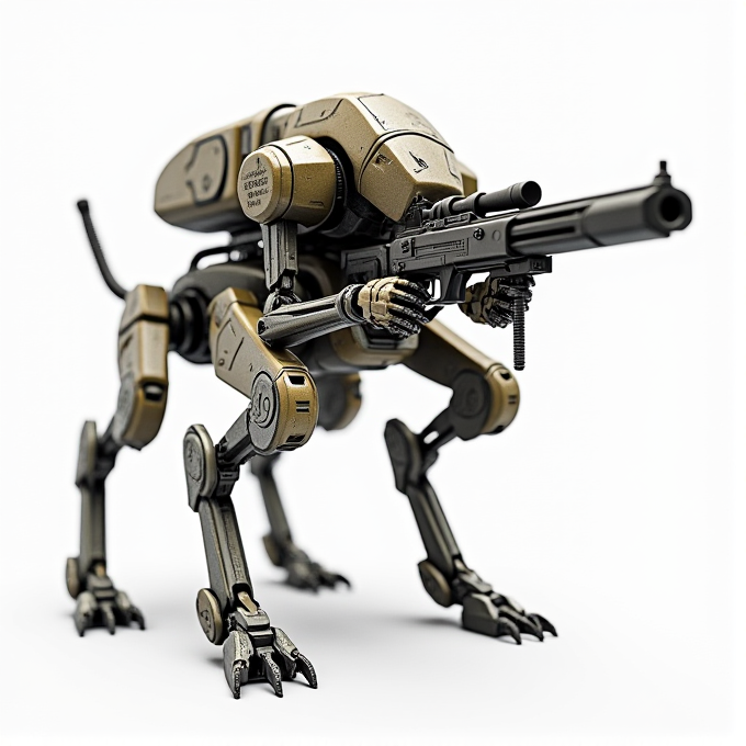 A quadrupedal military robot equipped with a large firearm, showcasing advanced mechanical design and futuristic technology.