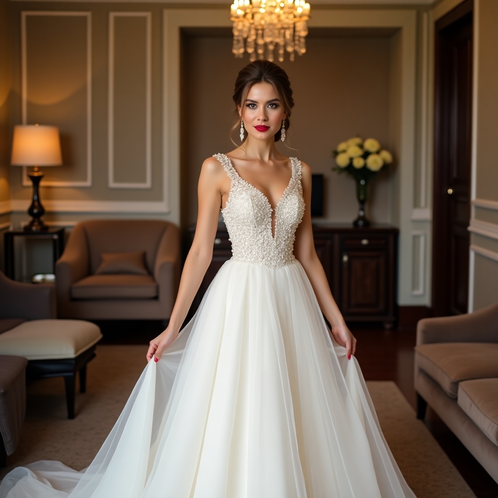 A woman stands beautifully in a luxurious room, wearing a breathtaking white gown. The gown features intricate beadwork and has a flowing skirt that adds elegance to her appearance. Her confident expression is complemented by striking red lipstick and elegantly styled hair, giving her a poised look. Soft lighting in the room highlights the delicate details of the dress. The overall ambiance is filled with sophistication and grace.