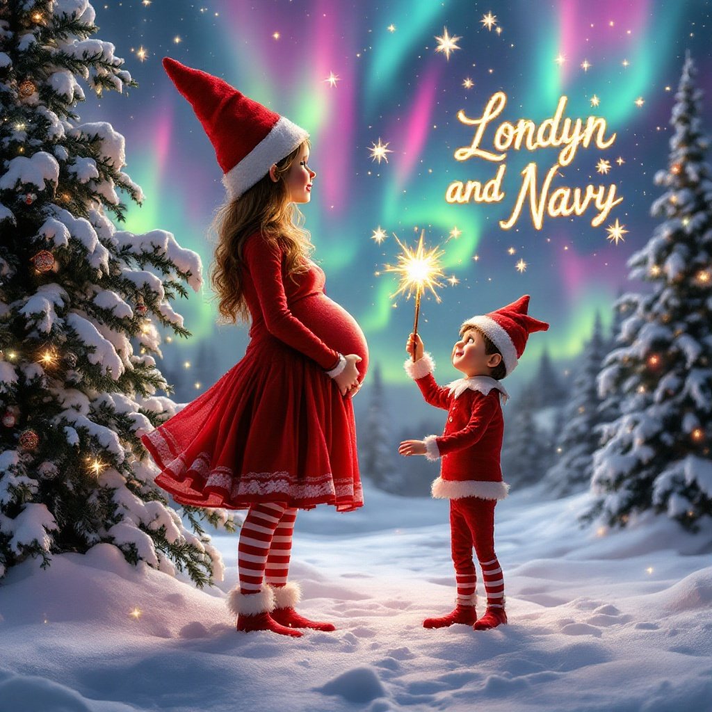 Enchanting Christmas scene depicting an elf on the shelf with a pregnant belly. The elf wears a festive red dress and is standing in the snow. Next to her is her brother elf, smiling and dressed in red. The brother elf holds a magic wand, creating text in the air. Vibrant northern lights fill the sky, creating a magical ambiance at the North Pole.