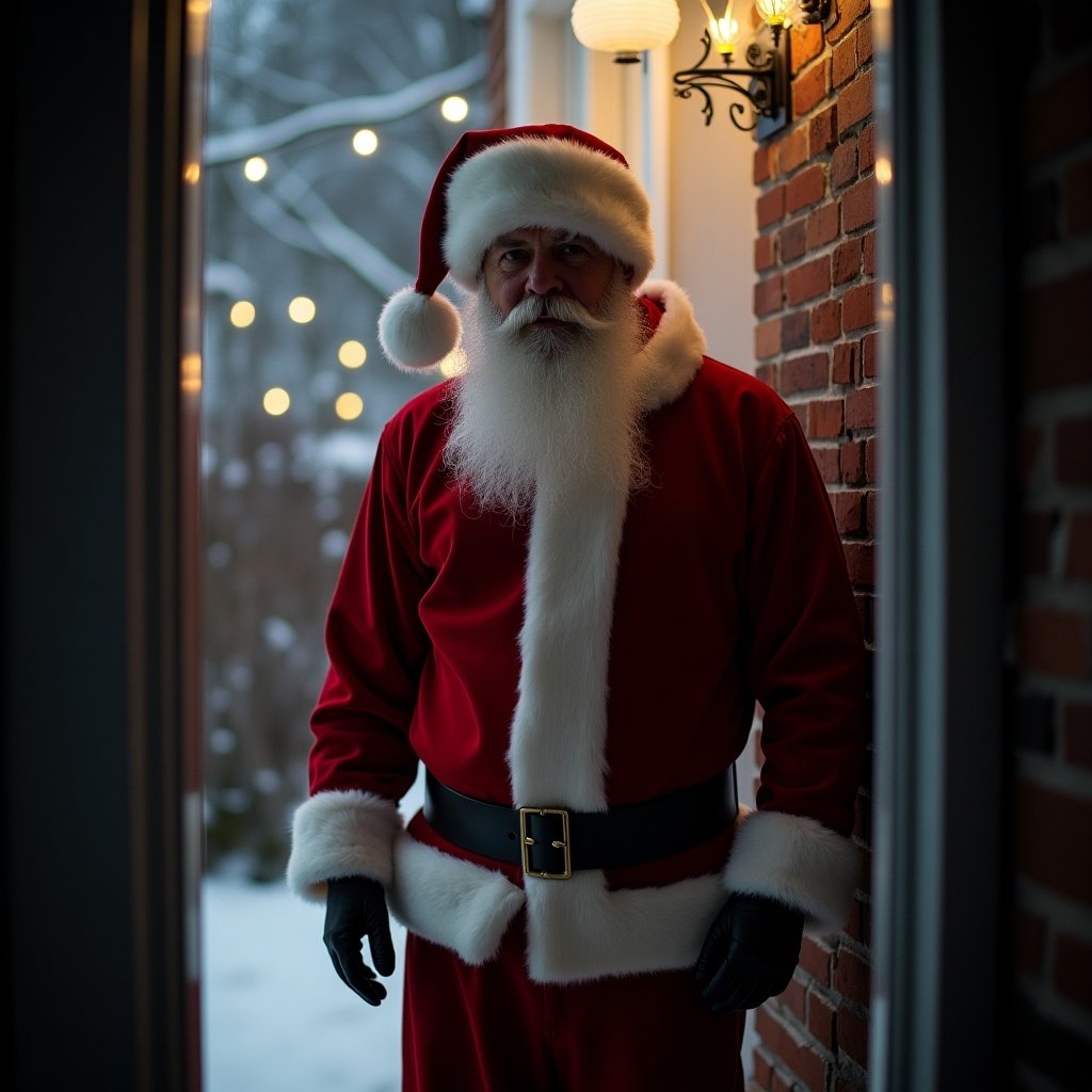 Thief dressed as Santa lurking outside home. Mysterious atmosphere with holiday decorations.