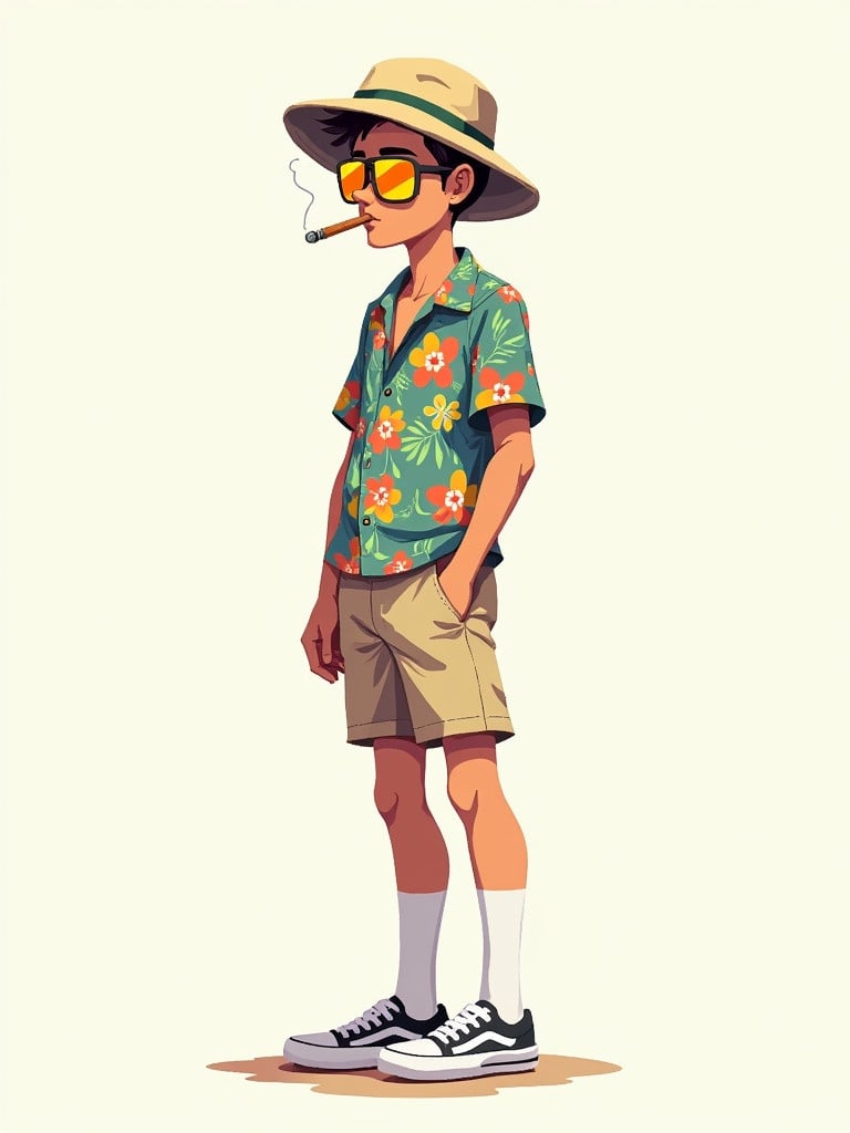 Create an original 2D character sprite design in a playful colorful style. The character wears a flower-patterned Hawaiian shirt and khaki shorts. He accessorizes with a bucket hat and yellow aviator sunglasses. White knee-high socks and casual sneakers complete the look. A cigarette holder is present in his mouth.