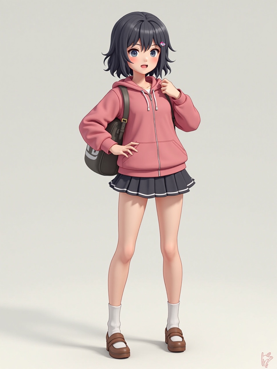 This is an illustration of a young girl with short dark hair, wearing a pink hoodie and a black pleated skirt. She is carrying a backpack over her shoulder and is depicted standing with a casual posture, suggesting a moment before or after school. The style is reminiscent of anime with bright colors and clean lines.