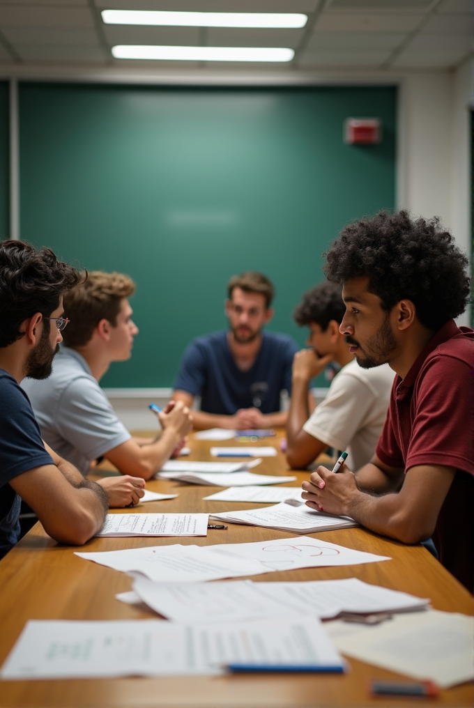 A group of young men are engaged in a study session around a table filled with papers.