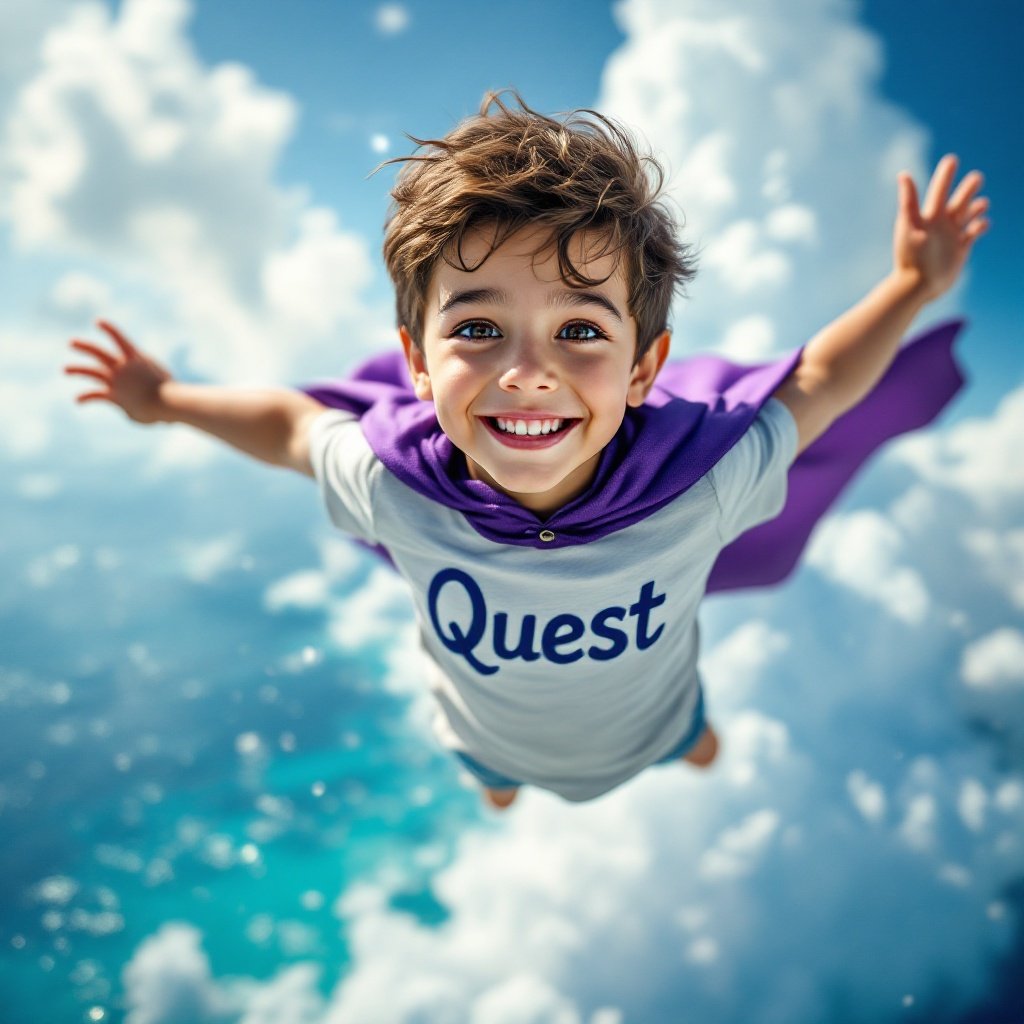 4 years old boy flies above the Caribbean sea. Boy wears a purple cape and a shirt with the word Quest. The sky is blue with white clouds. The boy appears confident and happy.