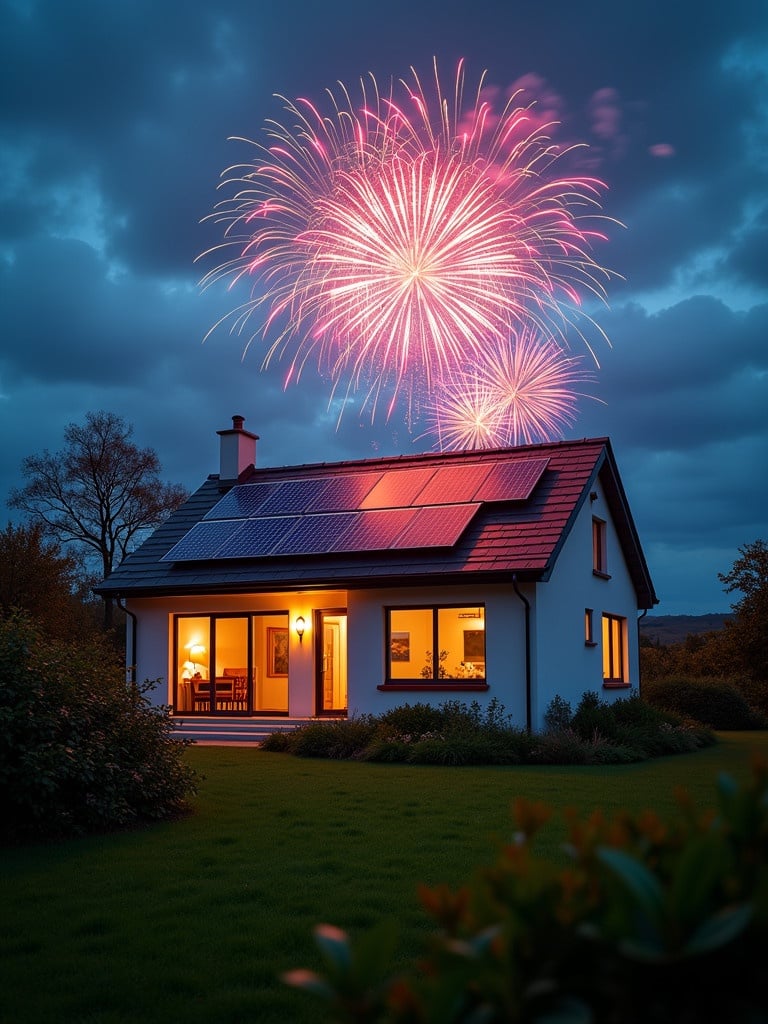 Illustrate a house with solar panels in Ireland during New Year. Display vibrant fireworks in the background. Show a cozy ambiance from windows of the house. Capture the serene landscape with a twilight sky.