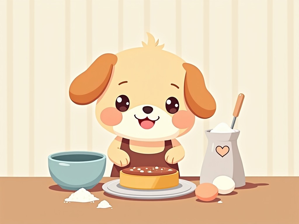 A cartoon dog with floppy ears is happily baking a cake. It stands in front of a table with a bowl and various baking ingredients. The kitchen has a warm and inviting design. The dog has a big smile, showing excitement in its task. There is flour and eggs, enhancing the baking theme. The overall art style is cheerful and perfect for children.