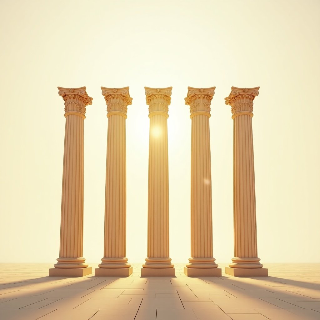 Ancient golden Greek architecture in midair. Five classical columns are placed without a background. The sense of culture and heritage is strong. Tranquil atmosphere invites reflection on beauty of history. Soft light bathes columns, highlighting grandeur and significance.