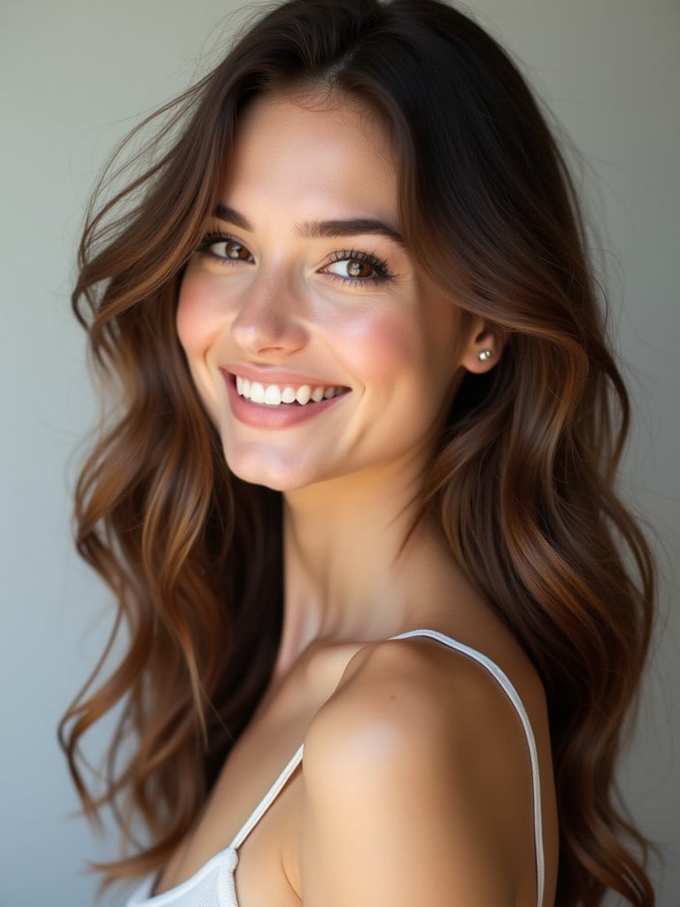 Portrait of a woman showcasing wavy brown hair. Head is slightly tilted. Elegant side profile with a facial expression suggesting warmth. Soft natural light enhances her features.