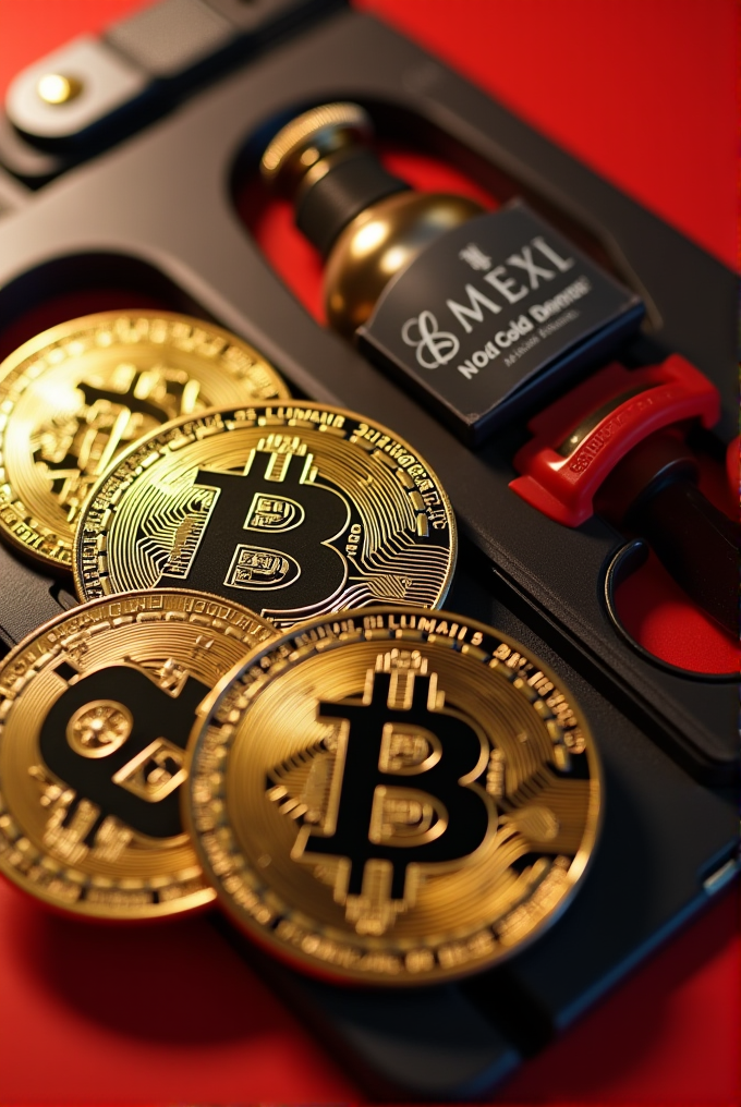 The image features several shiny Bitcoin coins and a small bottle labeled "MEXL" on a red background.