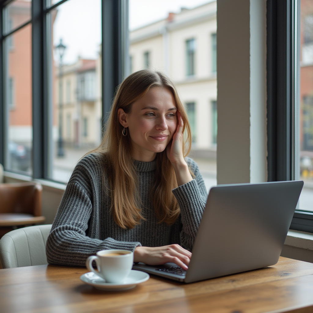 A woman sits by a window in a café, enjoying her coffee and working on her laptop.