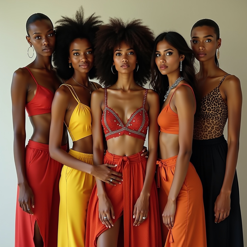 Captivating image features diverse group of female models. Models wearing fashion inspired by agent provocateur. Each model showcases different skin tones and body types. Stylish attire with an Indian twist. Confident poses highlight individuality and beauty.