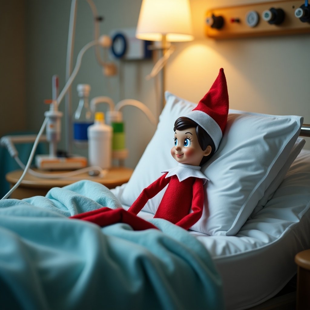 Elf on the shelf sitting in a hospital bed wearing a red outfit with a festive elf hat. Soft lighting and medical equipment in the background.