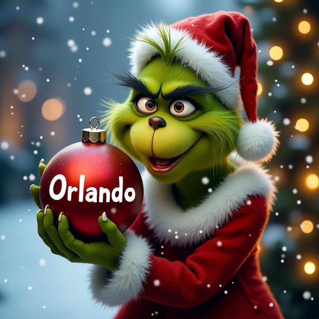 Grinch character holding a Christmas bauble with the name Orlando. Snowy background with Christmas lights.