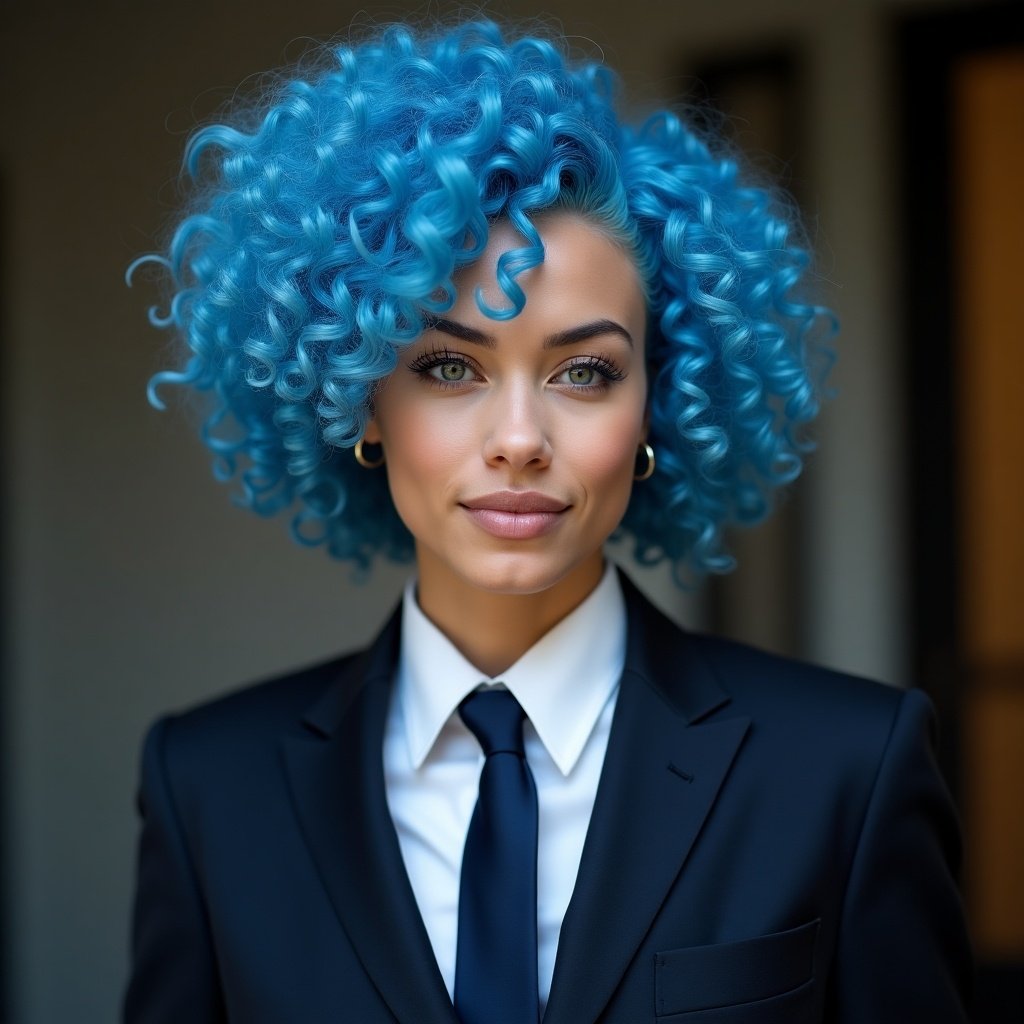 Subject displays a vibrant blue curly hairstyle while dressed in a formal suit.