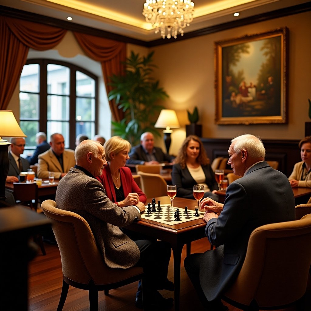 Luxury club setting for elderly individuals. Chess game in progress with participants engaged. Soft lighting and elegant decor contribute to a sophisticated atmosphere.