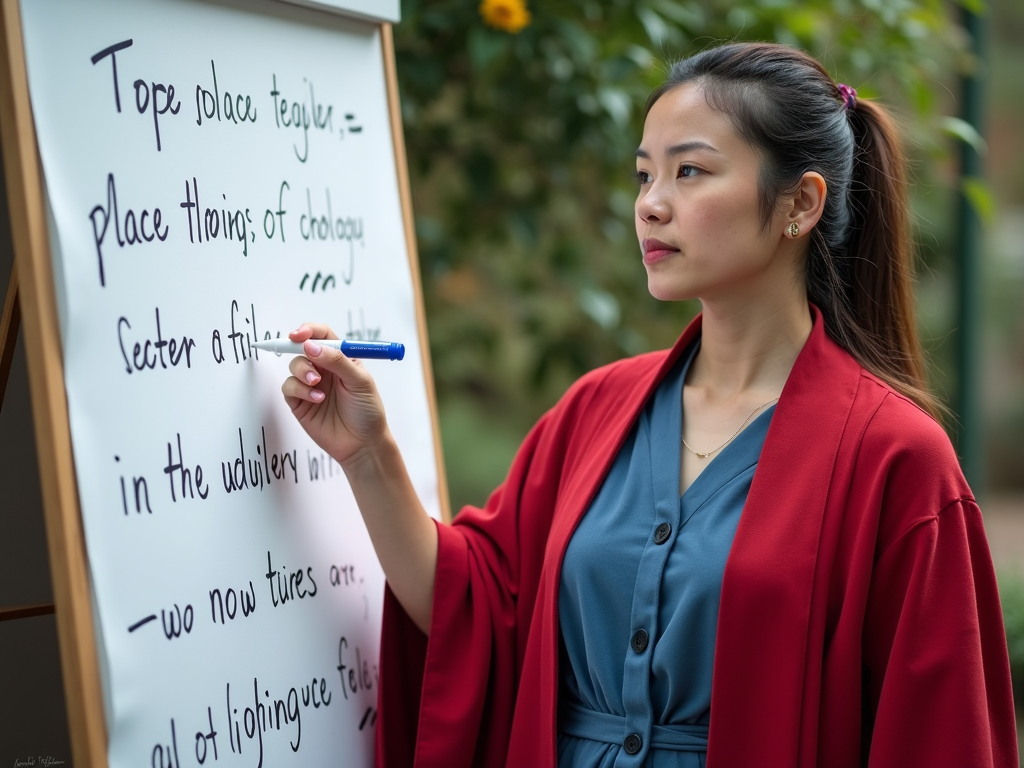 A woman in a red jacket writes on an easel with a marker in a garden setting.