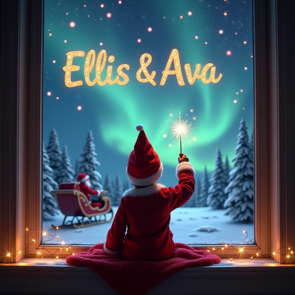 The image features an enchanting Christmas scene from the perspective of a cozy home. An elf sits on a ledge, facing a magical night sky filled with northern lights and twinkling stars. In the foreground, the elf uses a wand to write the name 'Ellis & Ava' in shimmering letters, imparting a magical atmosphere. Behind the elf, Santa Claus is visible in his sleigh, enhancing the festive mood. The whole scene is illuminated with soft lights and surrounded by snow-covered trees, encapsulating the essence of the holiday spirit.