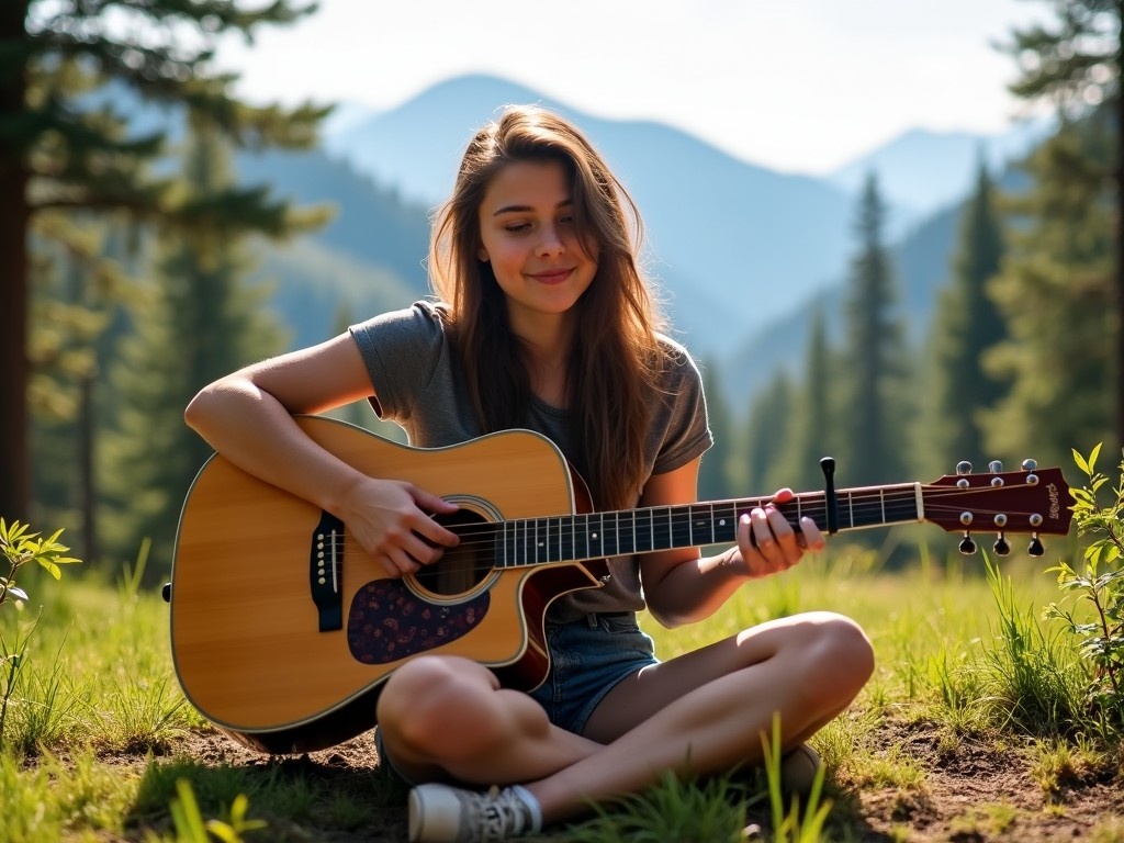 A young woman is sitting on the ground in a mountain forest, playing an acoustic guitar. The sun is shining through the trees, casting a warm glow on her face and the surrounding foliage. She has long hair and is wearing a simple gray shirt and denim shorts. The background reveals a scenic view of distant mountains covered in trees. There are patches of green grass and small plants around her, creating a peaceful and serene atmosphere.