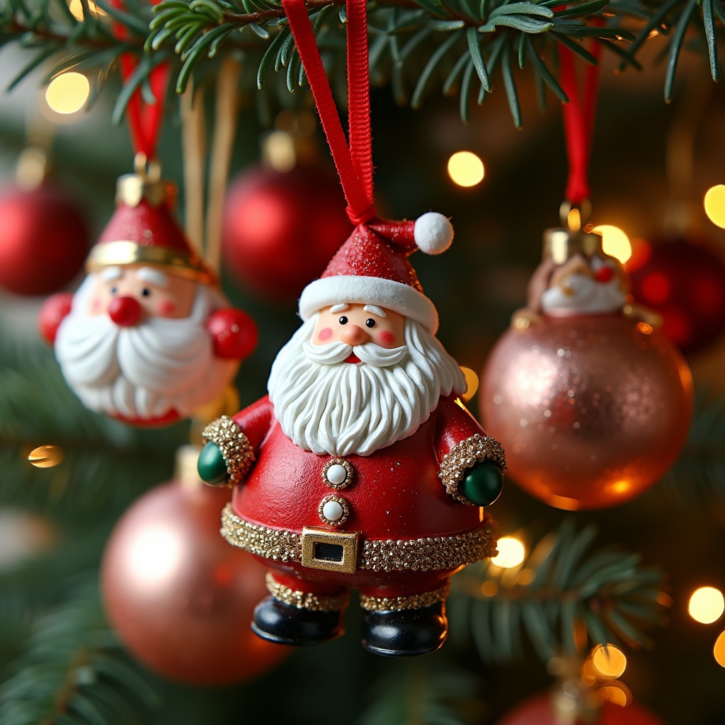 A close-up view of a Christmas tree adorned with vibrant decorations. The focal point is a delightful Santa Claus ornament. This Santa has a cheerful expression and a signature red suit. Around him are beautiful baubles, including some labeled 'Luke', 'James', 'Leah', 'Lucy', and 'Lilly'. Soft, glowing lights twinkle in the background, creating a warm holiday atmosphere. The tree's branches are lush and green, enhancing the festive vibe.