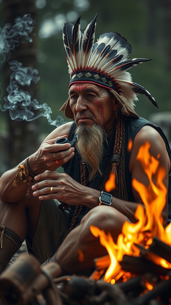 A man in traditional attire sits by a campfire, smoking a pipe.