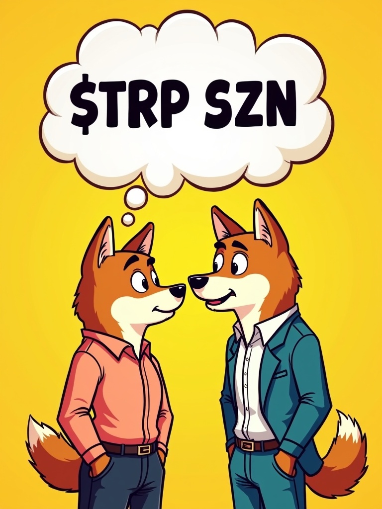 Vibrant illustration of anthropomorphic male shiba dog in luxurious shirt. Male shiba dog whispers into female shiba dog's ear. Female shiba dog has surprised eyes and excited expression. Thought bubble above with '$TRP SZN' in bold. Bright yellow background for fun feel.