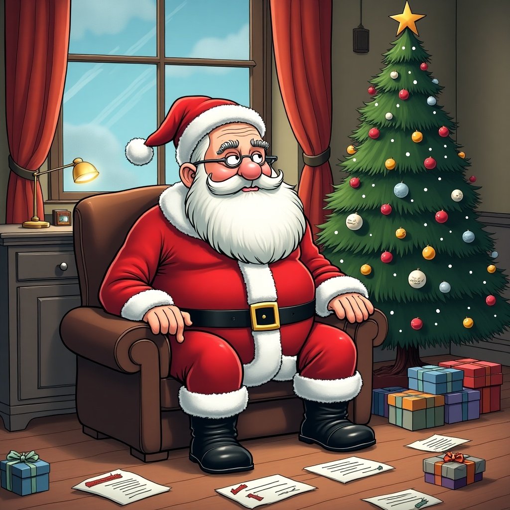 Political cartoon depicting a character resembling Michel Barnier as Santa Claus absorbed in reading letters. A Christmas tree and festive decorations are present in the scene.