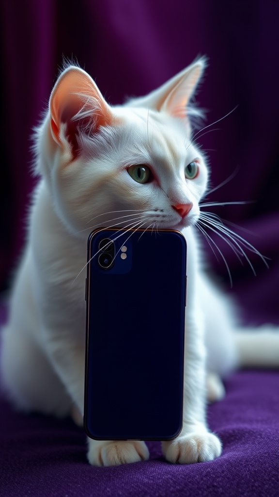 A white cat holding a navy blue smartphone against a purple backdrop.