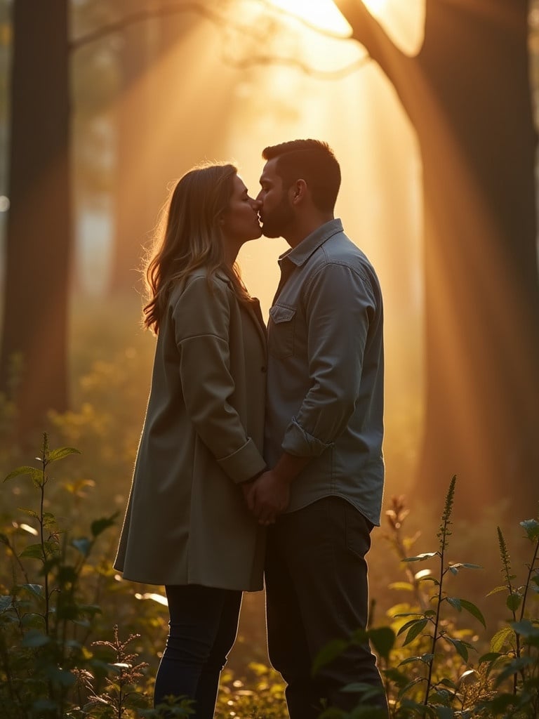 A couple shares a kiss in a sunlit forest. The scene captures intimacy while surrounded by nature. Soft warm colors enhance the romantic atmosphere.