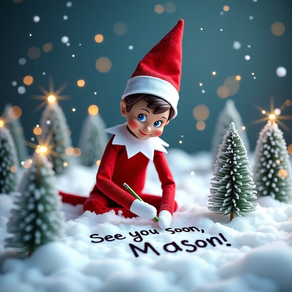 Elf on the Shelf in snowy landscape. Elf writes in snow with pencil. Text in snow says 'See you soon, Mason!'. Elf looks cheerful with rosy cheeks, brown hair, and blue eyes. Background has evergreen trees with snow and lights. Snowflakes fall around. Elf in red and white outfit represents Christmas spirit.