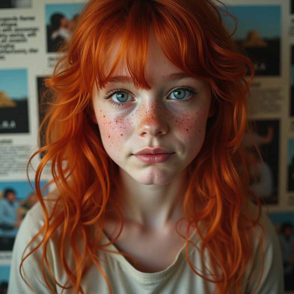 Close-up shot featuring a girl with vibrant red hair and freckles. Background consists of blurred text and images that add depth.