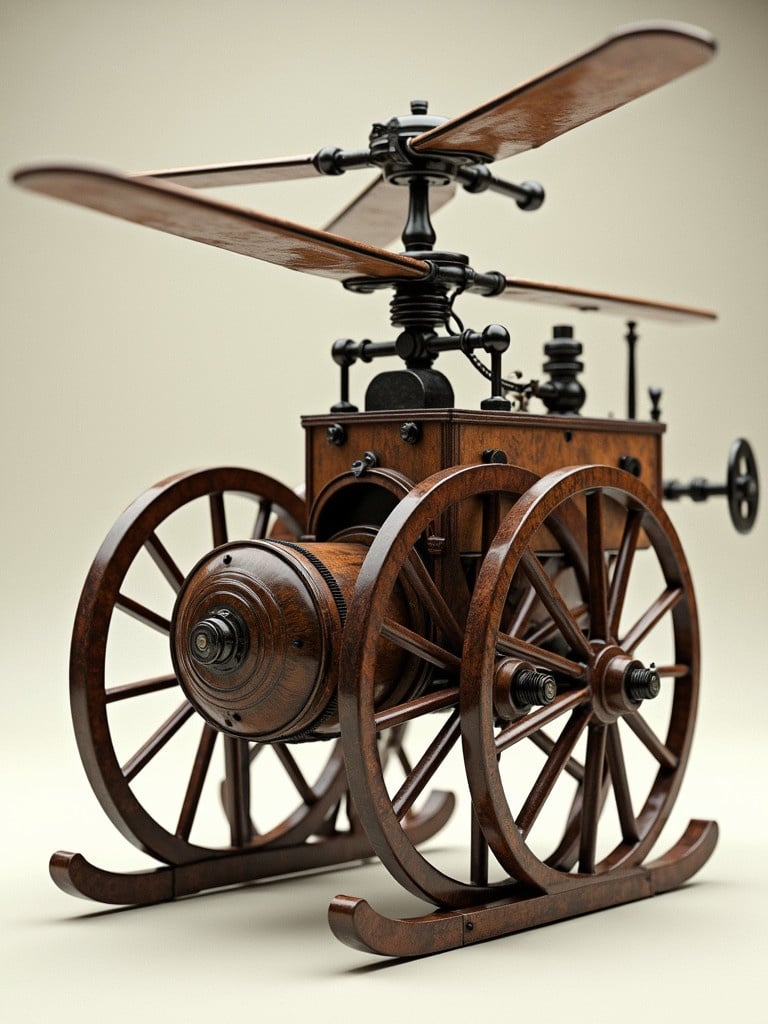 This image features a steam boiler powered helicopter inspired by Leonardo da Vinci. The machine is constructed with wood leather and tin. Four wagon wheels act as landing gear. The design has a horizontal steam boiler. The model is rendered in a high-detail hyper-realistic style.