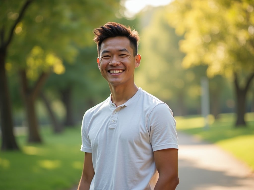 A smiling Asian male stands in a serene outdoor park. He has a friendly demeanor that exudes positive energy. The atmosphere is full of warmth, enhanced by natural lighting. The image captures a joyful moment, showcasing his confidence. His relaxed appearance invites viewers to feel at ease. The background features lush greenery that adds to the inviting feel of the scene.