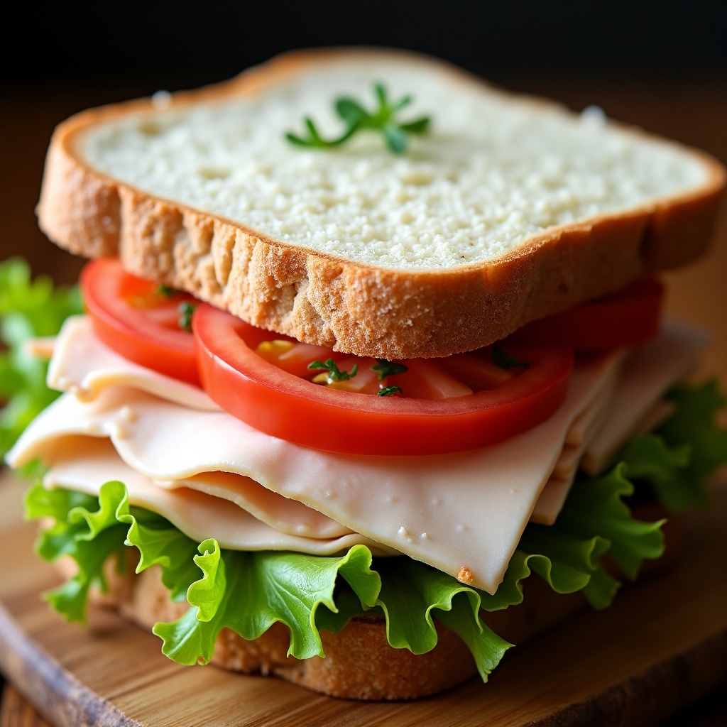 This image showcases a delicious sliced smoked turkey and white cheese toast sandwich. The sandwich features layers of fresh iceberg lettuce and ripe tomato slices. It is beautifully presented, with the bread perfectly toasted. The combination of textures and colors makes it visually appealing. This sandwich is ideal for a quick and healthy meal option.