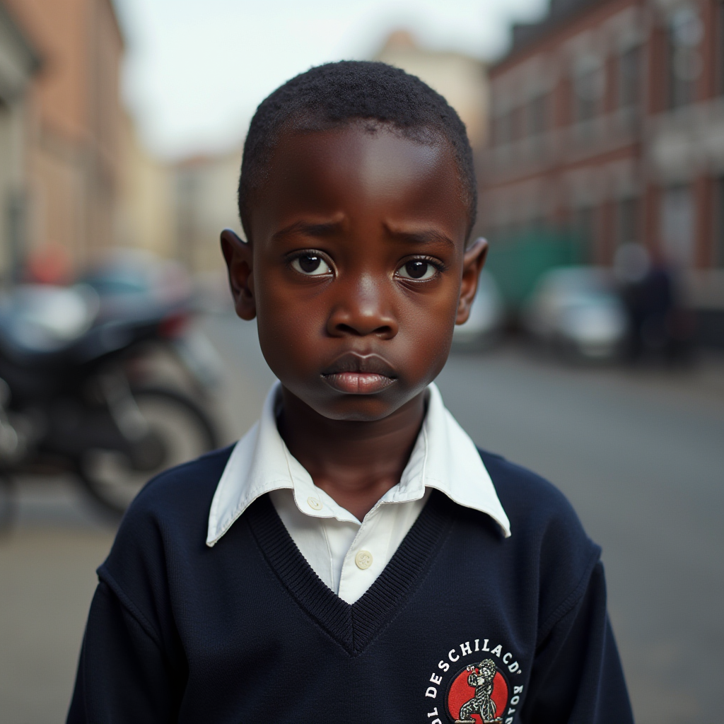 A young boy stands solemnly in a city street, wearing a navy school sweater with a crest.