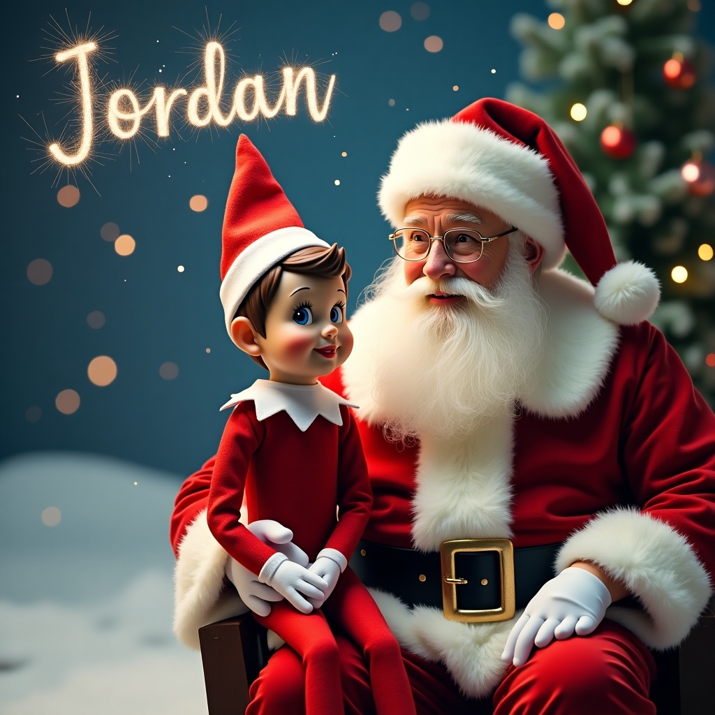 A little boy Elf on the Shelf with short brown hair and brown eyes sitting next to Santa Claus at the North Pole. Jordan is written in the sky with sparkles.