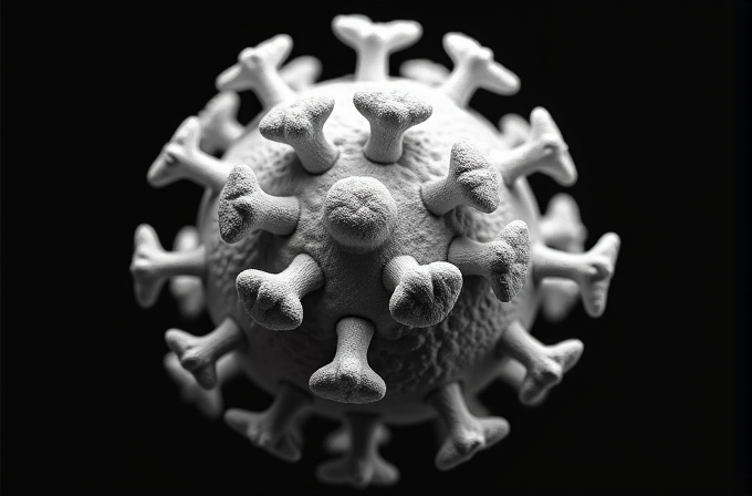 A detailed 3D model of a virus displaying a round shape with spike-like structures on its surface against a black background.