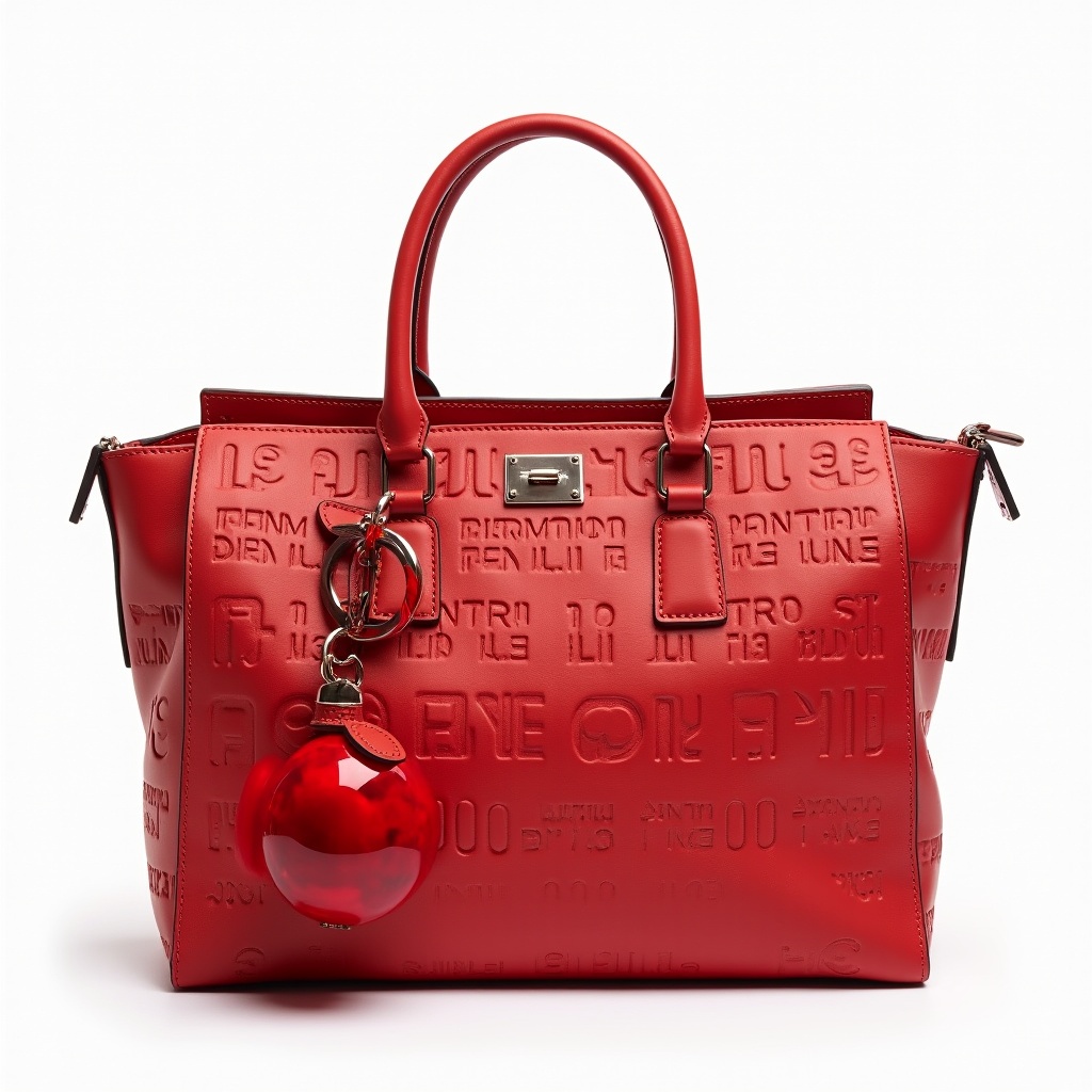 This image features a luxurious FENDI handbag crafted from high-quality, muted vegan leather. The bag is vividly red and showcases an intricate embossed pattern of words, adding a unique texture to the design. Attached to the bag is a striking large transparent keyholder resembling a 4D plastic bead, which enhances its modern aesthetic. The background is crisp white, creating a clean contrast that draws attention to the vivid colors and details of the handbag. This exquisite accessory exemplifies haute couture fashion and stands out as a statement piece in any wardrobe.