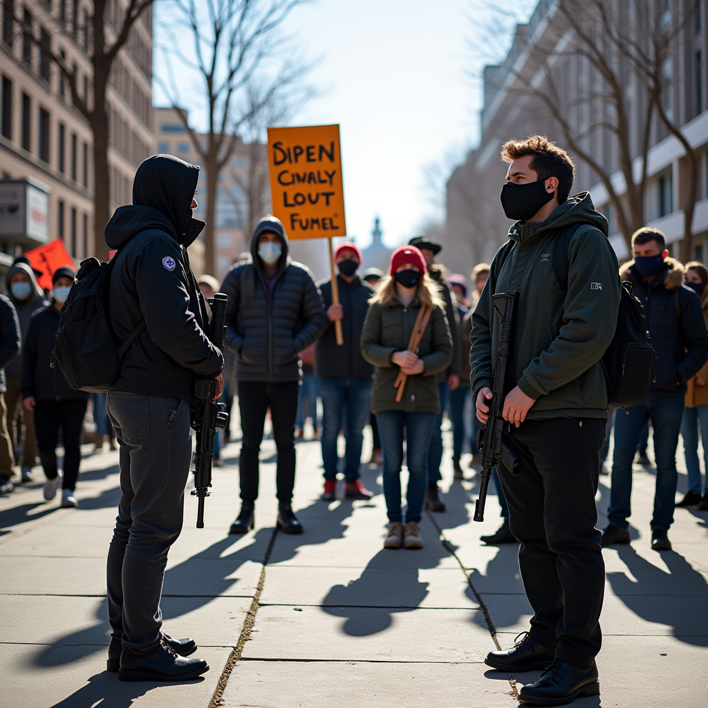 The image depicts a tense stand-off between two individuals in a city setting. Both are wearing casual winter attire, including hooded jackets, with their faces partially covered by masks, likely for anonymity or protection against cold weather. Each is holding a firearm, indicating a potentially serious confrontation.

The background features a group of individuals, some wearing masks, observing the scene. One person in the crowd is holding a sign with indecipherable text. The setting seems to be a city street, with tall buildings lining the sidewalks. The trees are barren, suggesting it is winter. The lighting is bright, with clear skies, casting elongated shadows on the pavement.