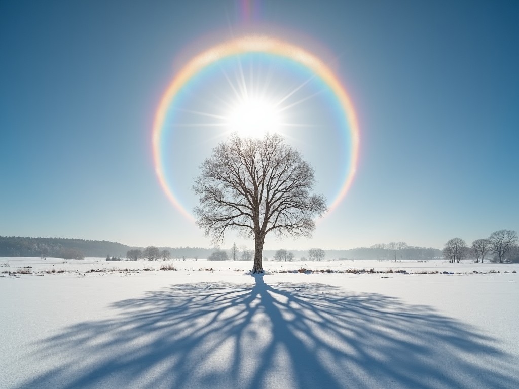 This image depicts a solitary tree standing majestically in a winter landscape, its branches bare against the backdrop of a clear blue sky. A stunning halo of rainbow light encircles the sun positioned directly above the tree, casting a long and intricate shadow across the pristine snow-covered ground. The scene exudes a sense of calmness and awe, blending the beauty of natural phenomena with the serenity of winter.