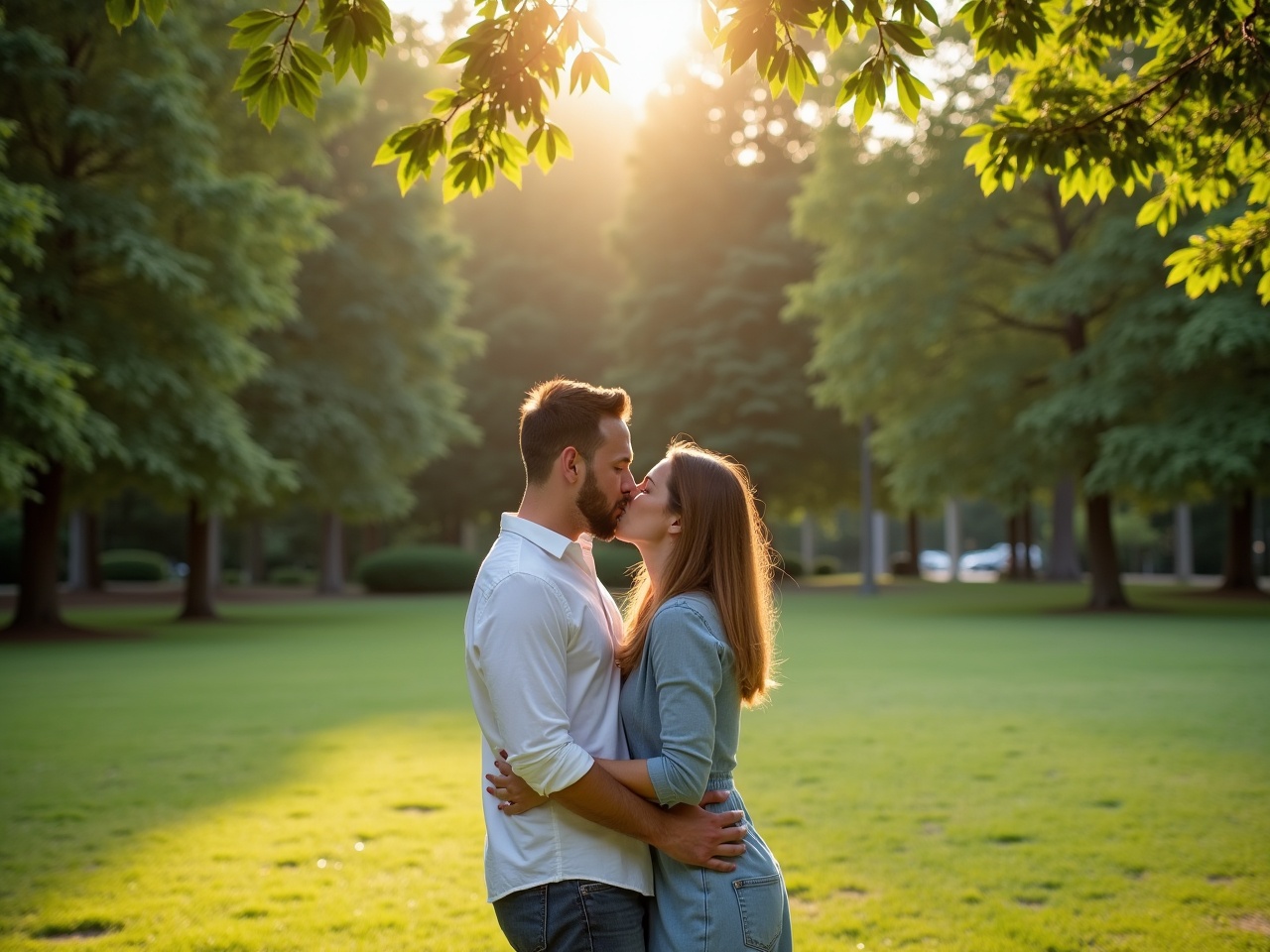 A couple shares a romantic kiss in a lush green park. The setting is bathed in soft daylight creating a warm atmosphere. Tall trees surround them, providing a natural backdrop of greenery. They are embracing each other lovingly, with a serene smile on their faces. The scene captures the essence of love and connection in a beautiful outdoor environment.