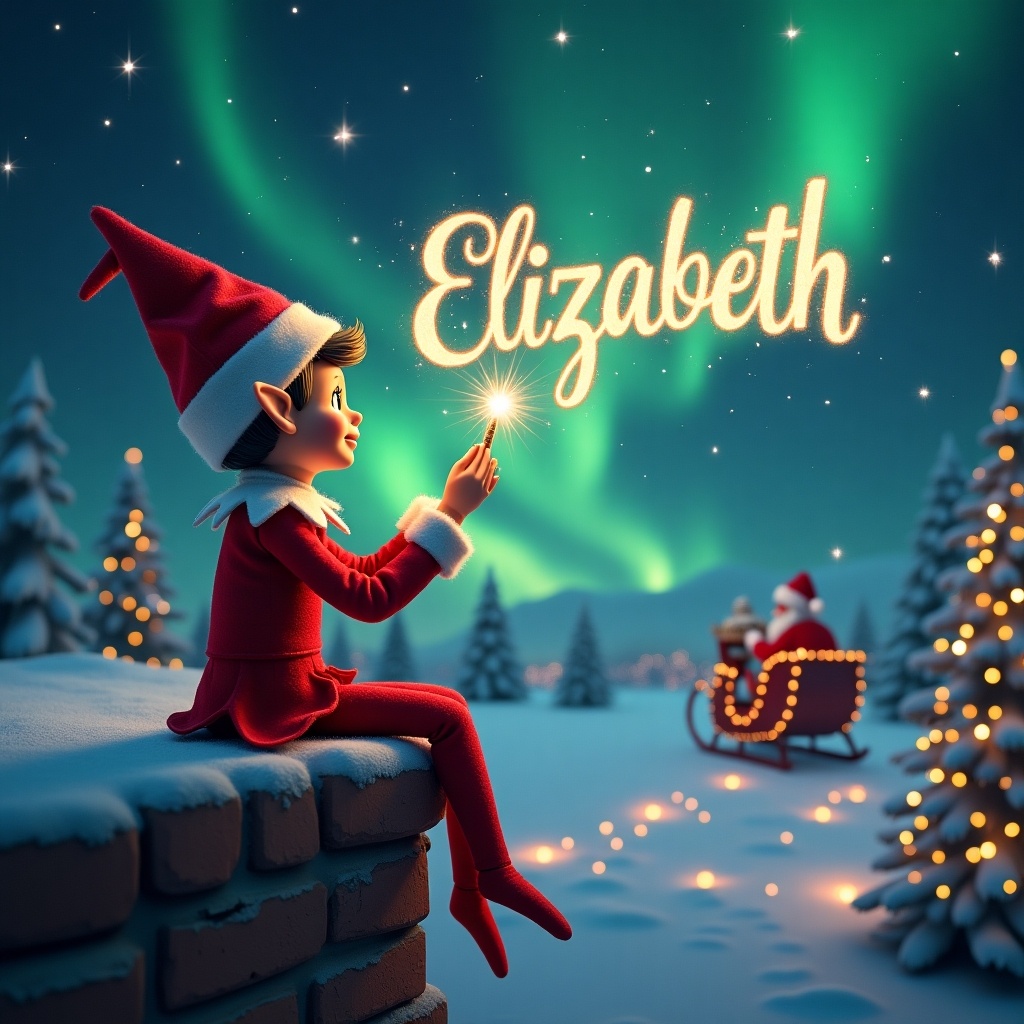 Elf on the shelf sits on a ledge and faces the sky. With a wand he writes 'Elizabeth' in shimmering letters. Magical Christmas scene with colorful northern lights. Santa is seen in his sleigh in the distance. Elf dressed in a classic red outfit and pointed hat. Twinkling stars add to the enchantment.