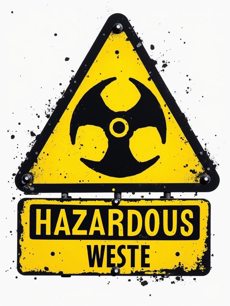 Sign indicating hazardous waste. Yellow triangular sign with black biohazard symbol. Text below reads 'HAZARDOUS WASTE'. Grunge style background.