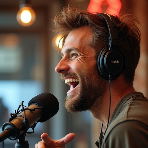 A man in headphones talks enthusiastically into a microphone. He is in a casual radio studio environment. The setting is friendly and warm, reflecting storytelling.