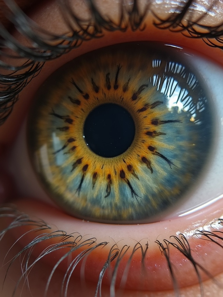 A close-up of a human eye showcasing its vibrant iris with ornate details. Colors of the iris include blue, gold, and hints of brown with a deep black pupil. Eyelashes are visible around the eye.