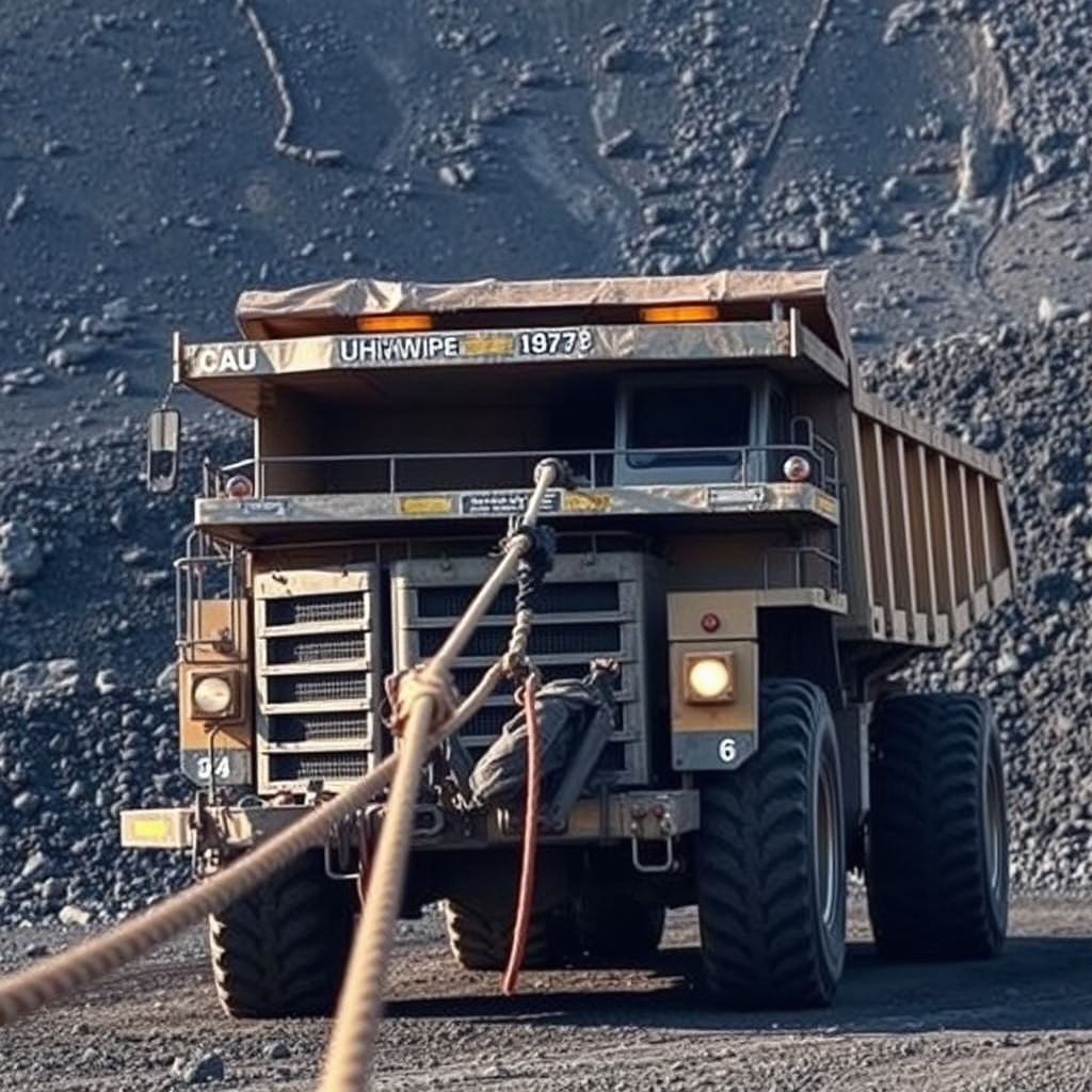 A large mining truck being towed with a rope on a gravelly terrain.