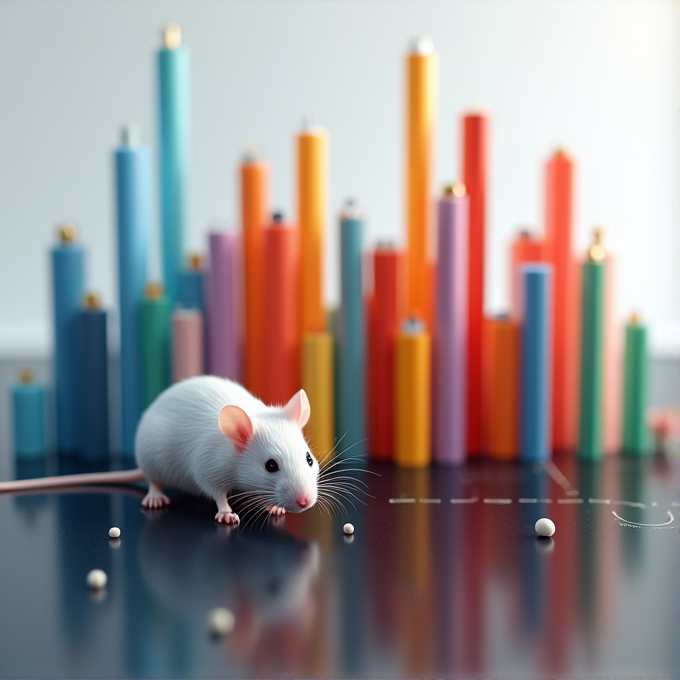 A white mouse with black eyes sits on a dark surface dotted with tiny spheres, in front of colorful, cylindrical towers of various heights, suggesting a playful, data-inspired theme.