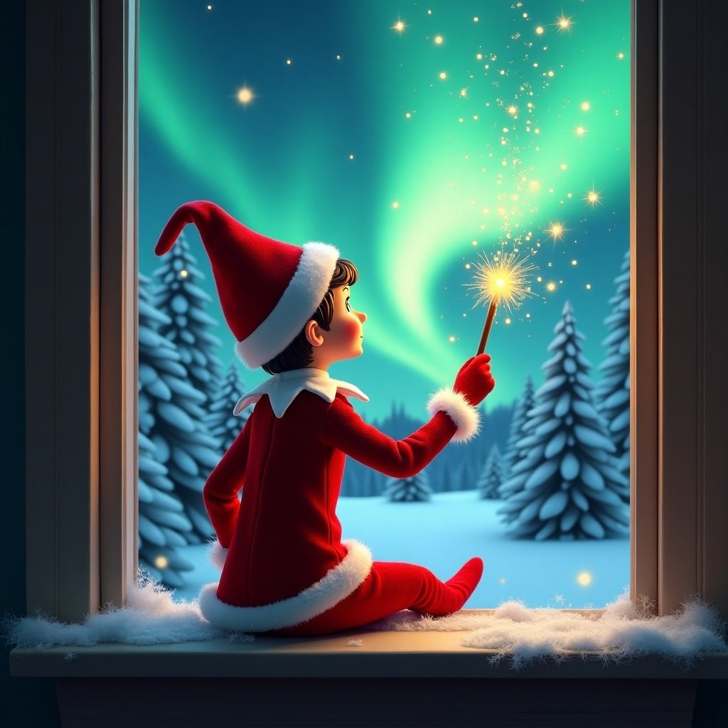 The image features an adorable elf on the shelf sitting on a window ledge, with his back turned to the viewer. He is using a magical wand to create twinkling sparks while looking up at a stunning display of northern lights. The background is set in a winter wonderland, filled with snow-covered pine trees, conjuring a festive holiday feel. Dressed in a vibrant red outfit with white trim, the elf embodies the Christmas spirit. The scene is illuminated by the enchanting colors of the aurora borealis, enhancing the magical ambiance. With Honey written in the stars.