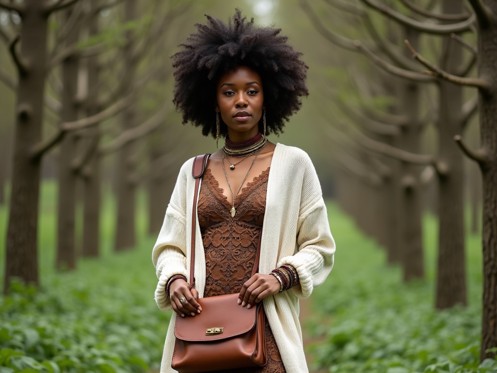 A woman stands confidently in the middle of a tree-lined path, lending an air of grace and elegance to the forest setting. Her afro hairstyle is complemented by a stylish attire consisting of a brow dress and cream cardigan, accessorized with a brown leather bag and jewelry. The muted browns and greens of the forest provide a tranquil backdrop to her poised presence.